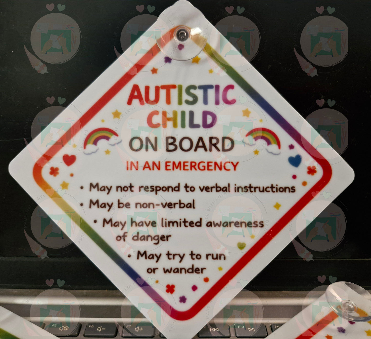 Autistic Child On Board” Safety Car Sign – Bright, Visible Emergency Alert Window Hanger 🚗🌈
