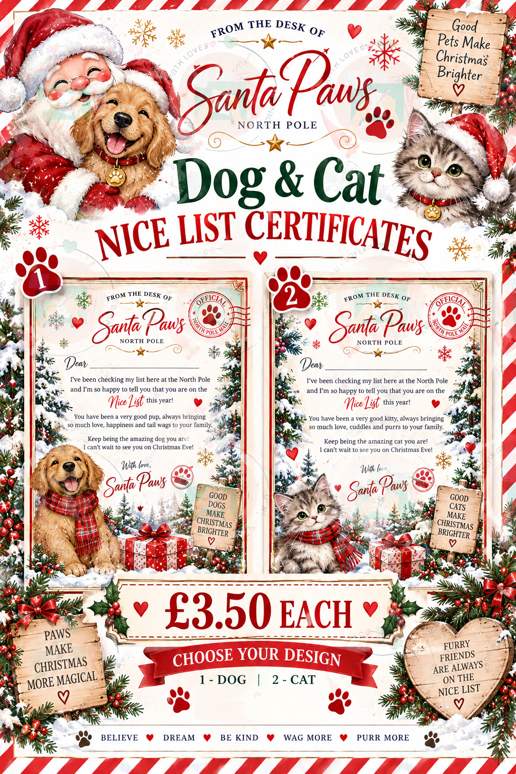 Santa Paws dog and cat Nice List certificates, certificate designs 1 and 2, £3.50 each