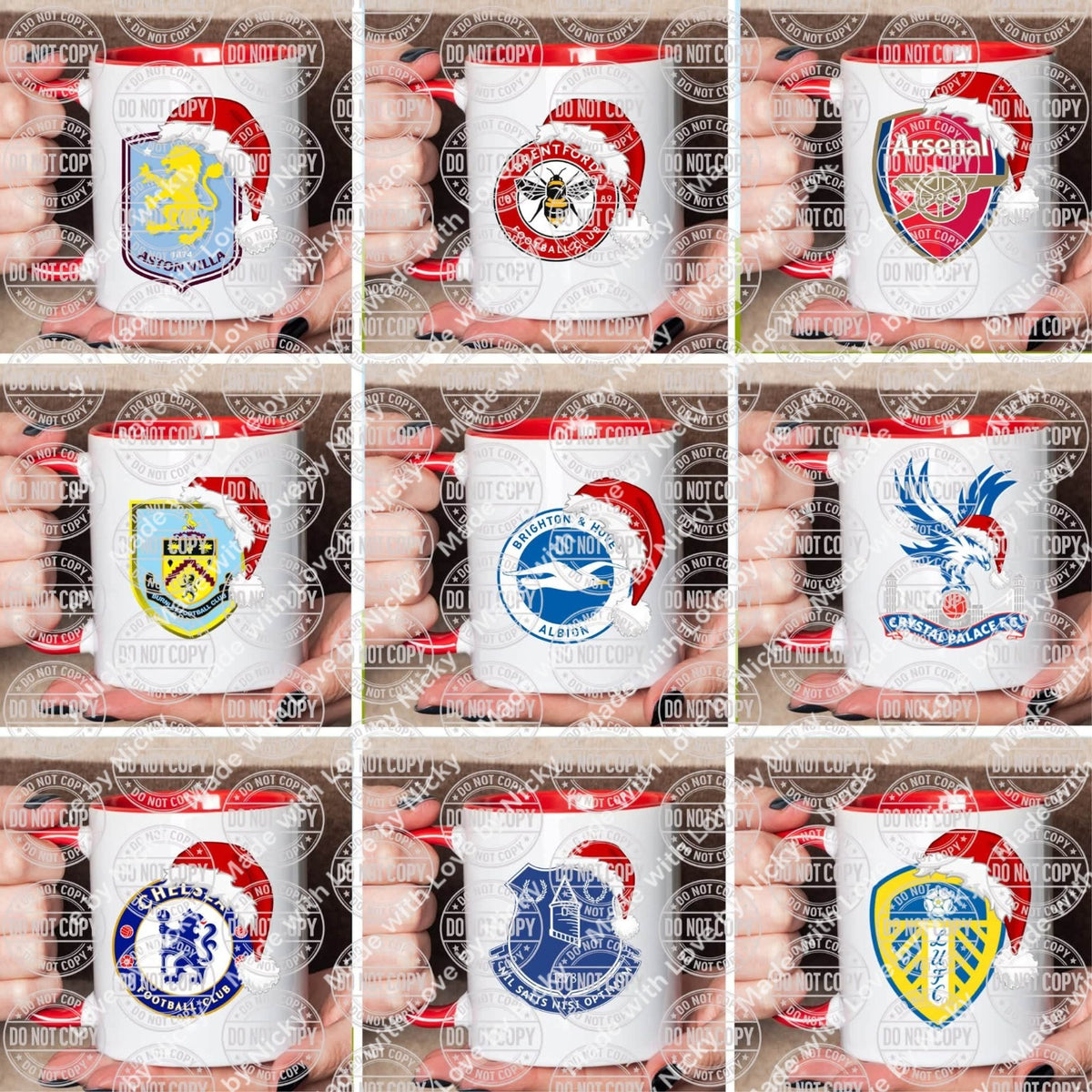 Festive football designs shown on mugs