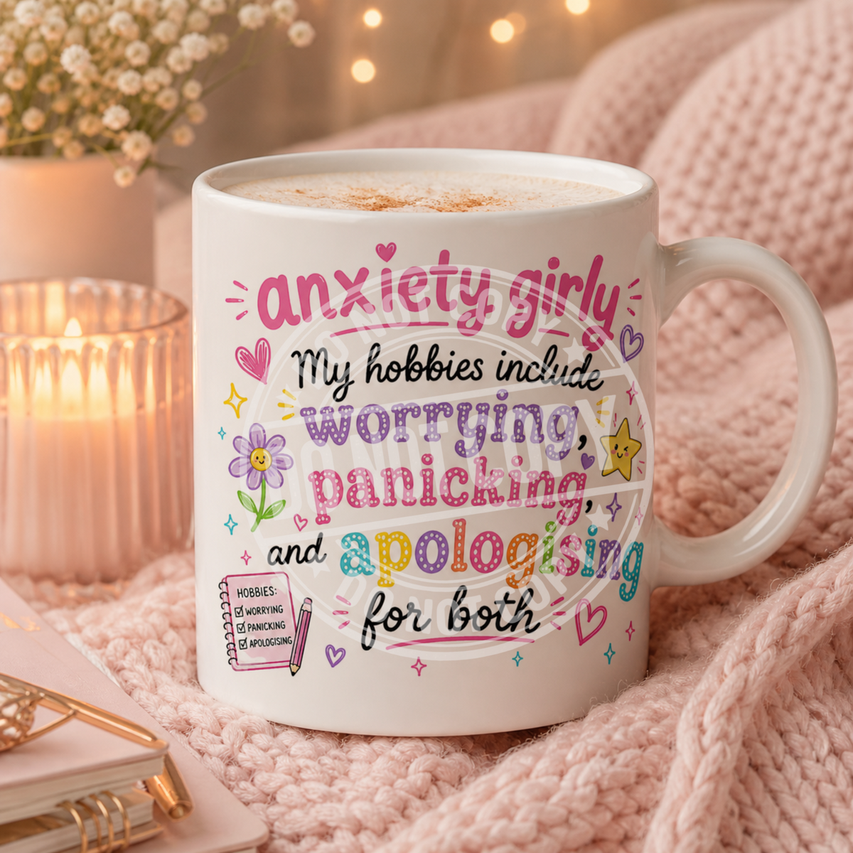 Anxiety Girly Worrying, Panicking & Apologising mug design