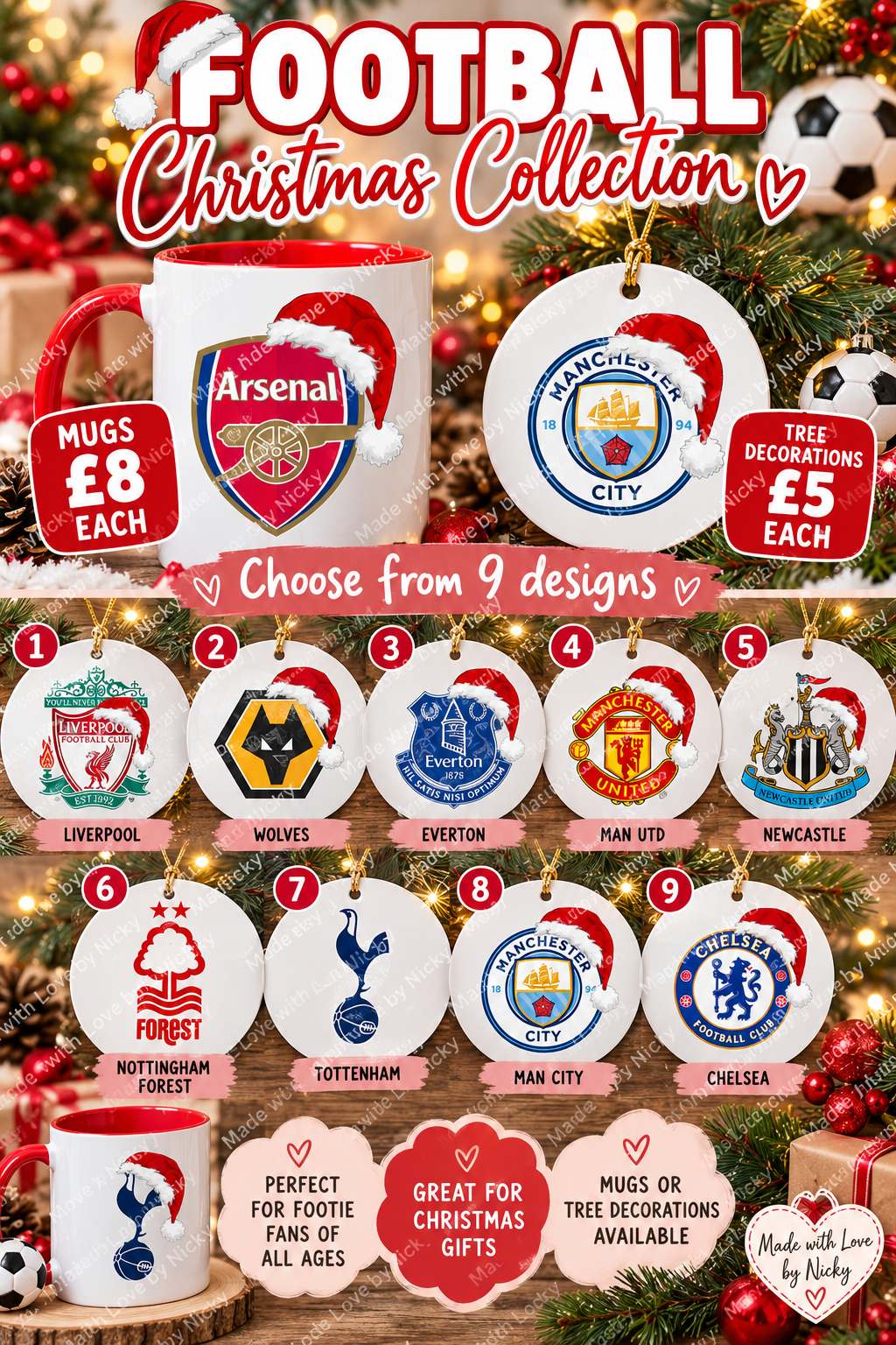 Football Christmas collection mugs and tree decorations
