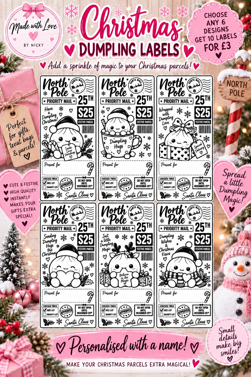 Personalised Christmas Dumpling parcel labels, choice of six designs, ten labels for £3