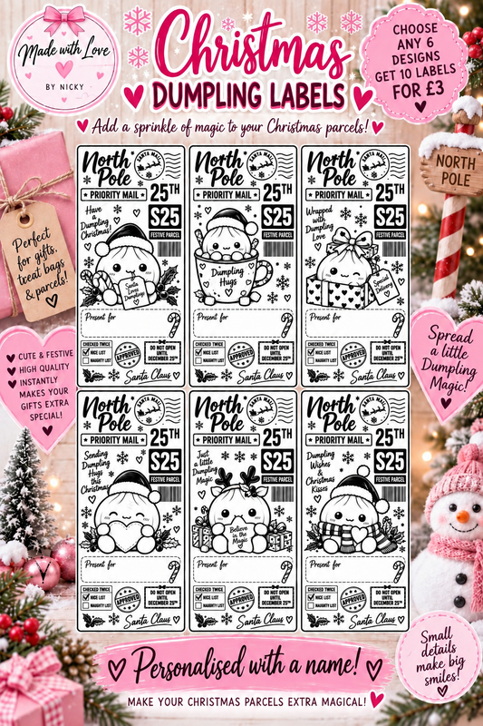 Personalised Christmas Dumpling parcel labels, choice of six designs, ten labels for £3