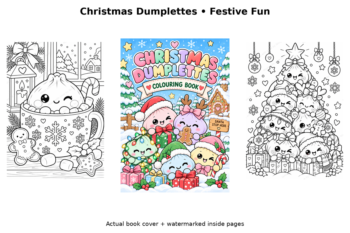 Christmas Dumplettes bundle preview with actual cover and inside colouring pages