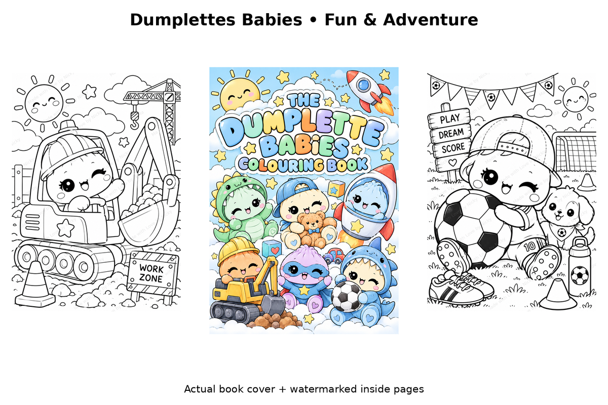 Dumplettes Babies Fun and Adventure bundle preview with actual cover and inside colouring pages