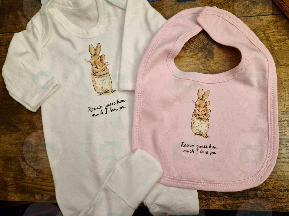 Personalised Guess How Much I Love You baby sleepsuit and bib set