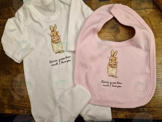 Personalised Guess How Much I Love You baby sleepsuit and bib set