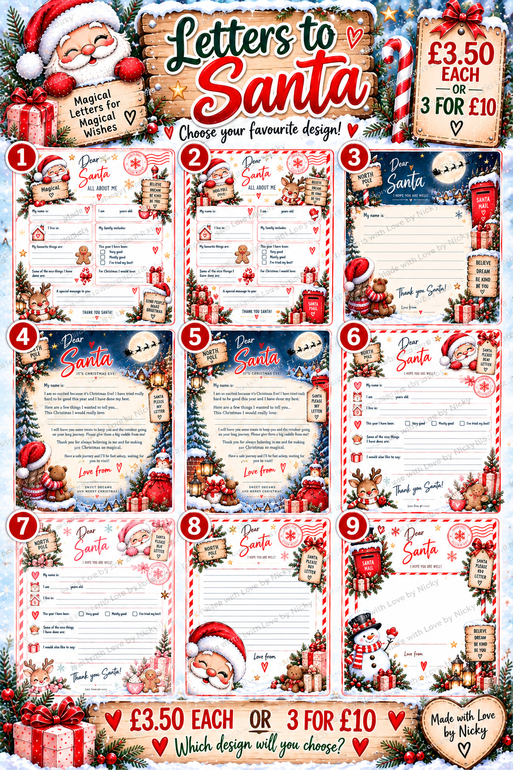 Letters to Santa designs 1 to 9, £3.50 each or 3 for £10
