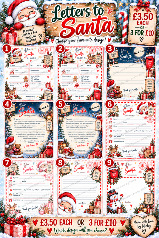 Letters to Santa designs 1 to 9, £3.50 each or 3 for £10