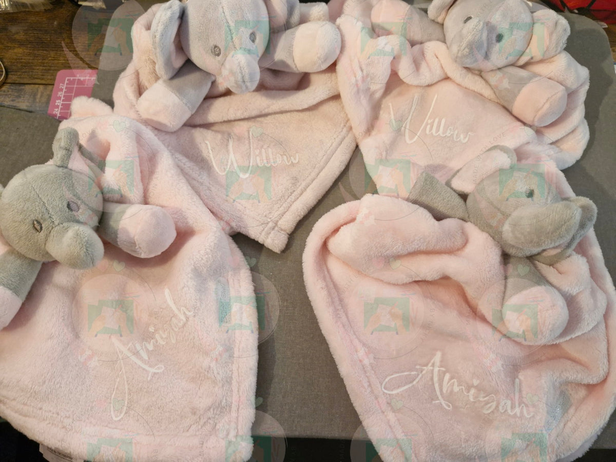 Personalised Baby Elephant comforters in pink, blue and white