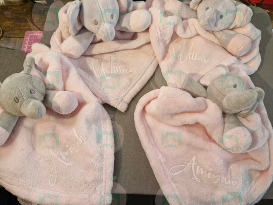 Personalised Baby Elephant comforters in pink, blue and white