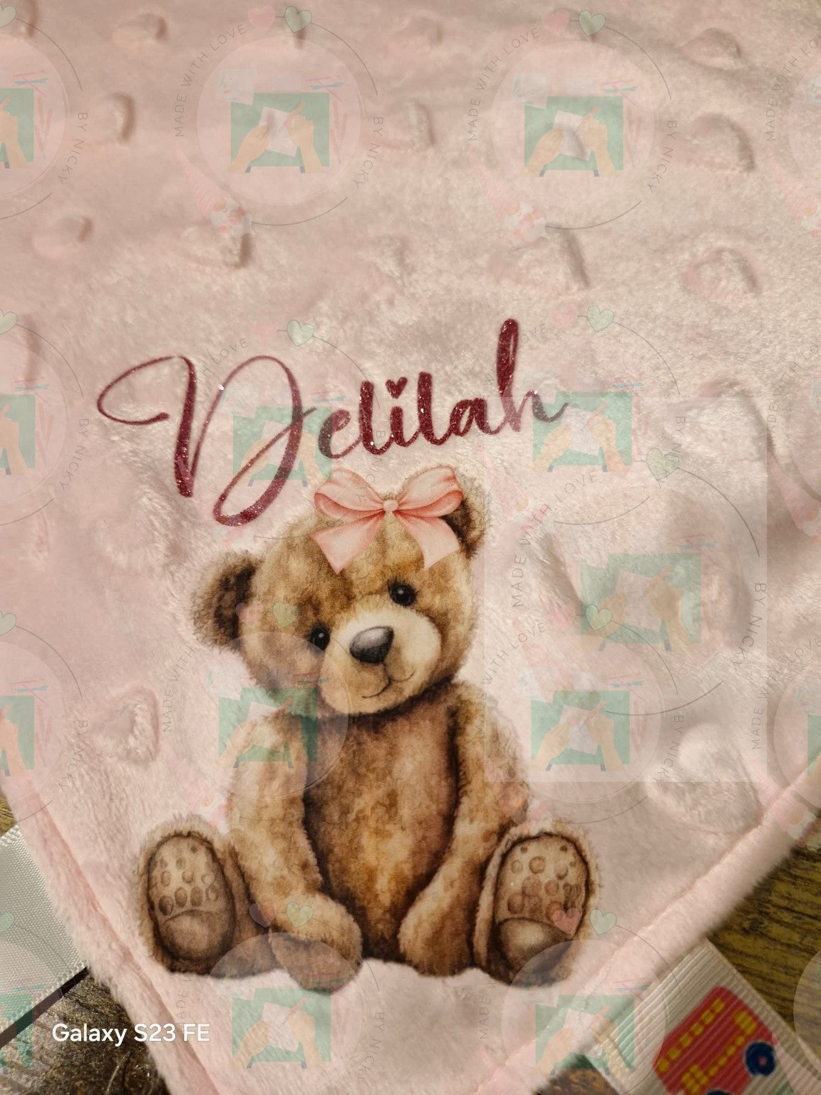 Personalised bear baby taggie close-up
