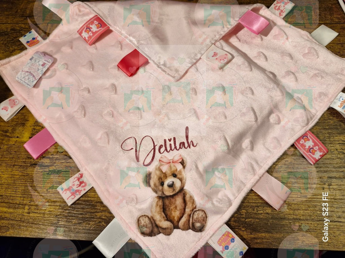 Personalised bear baby taggie in pink