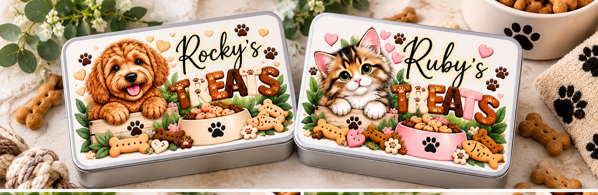 Dog and cat personalised pet treat tins together
