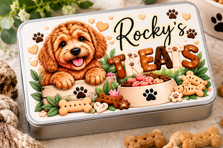Rocky's personalised dog treat tin
