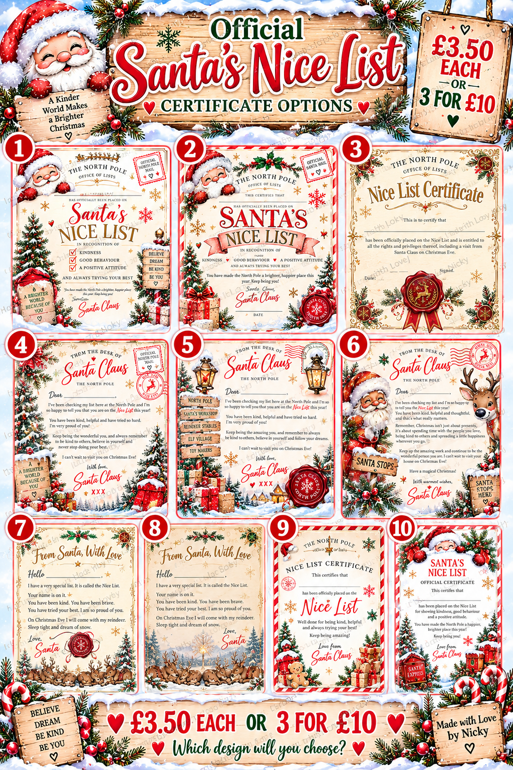 Santa's Nice List certificate options 1 to 10, £3.50 each or 3 for £10