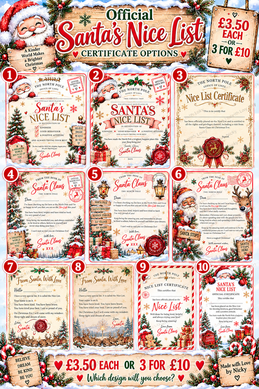 Santa's Nice List certificate options 1 to 10, £3.50 each or 3 for £10